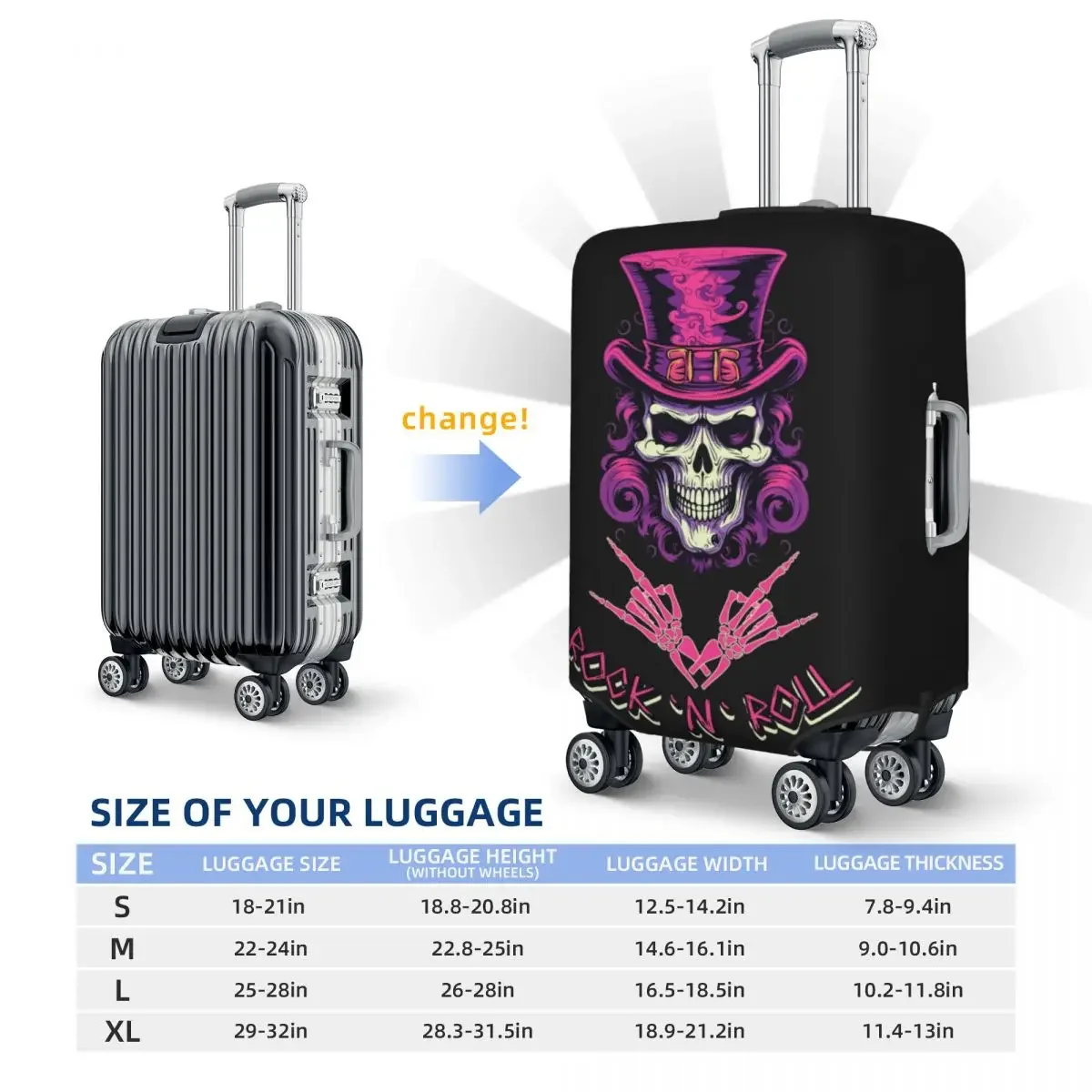 Rock'n'Roll Skull Suitcase Cover Music Band Guitar Business Holiday Elastic Luggage Case Protection Xmas Gift