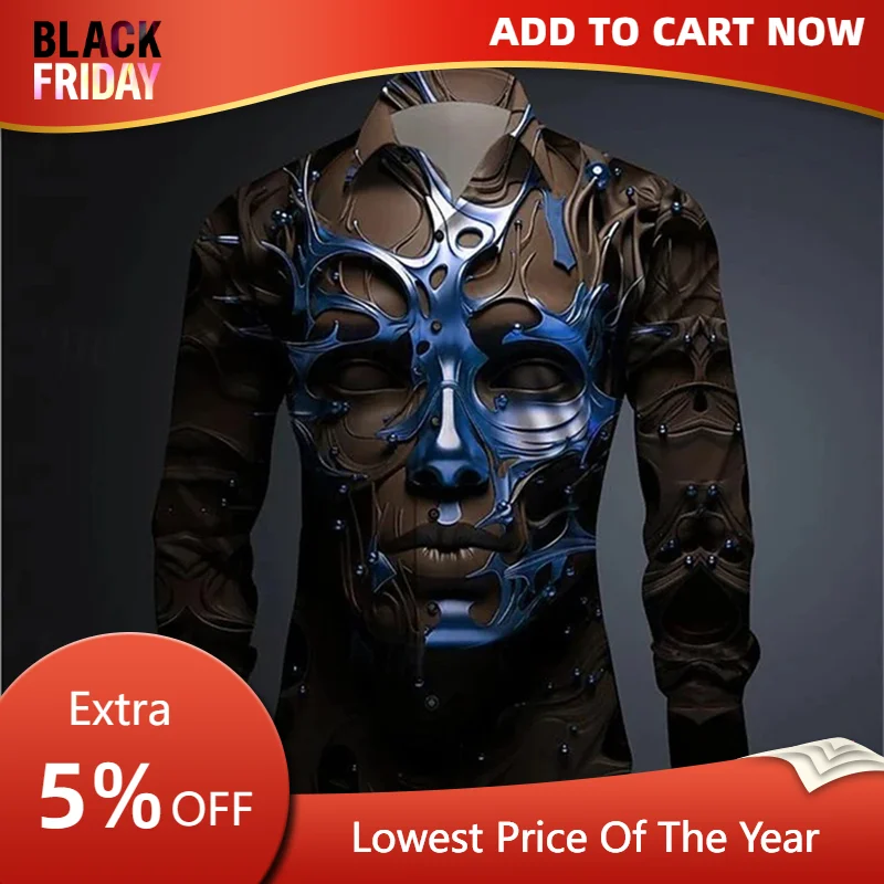 Fashion Funny Shirt Men\'s Mask Men\'s Skeleton Casual Daily Wear Lapel Comfortable Elegant Long Sleeve Fashion Top