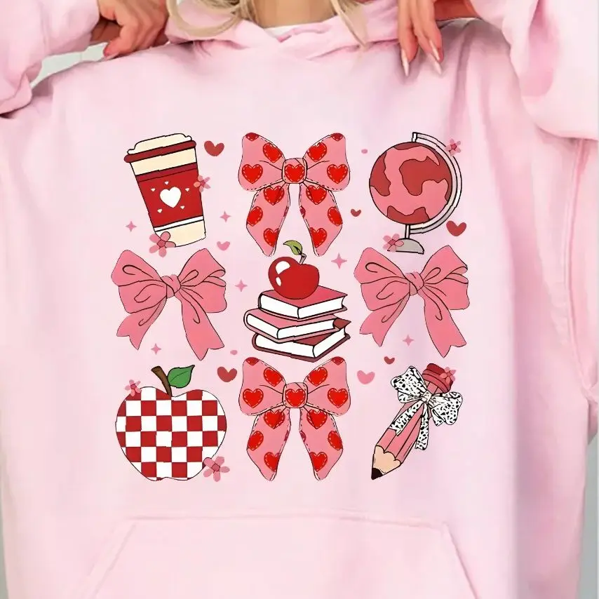 

Aesthetic Sweatshirt Long Sleeves Stylish Pullover Graphic Hoodies Crew Neck Unisex Casual Daily Wear Cute Pink Elements Bows