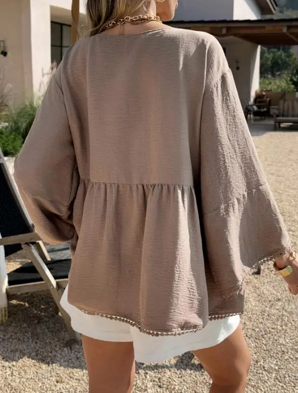 

Spring\summer New Casual Vacation Style Solid Color Simple Lace Up Deep V-Neck Crochet Lace Trim Design Loose Long Sleeved Top