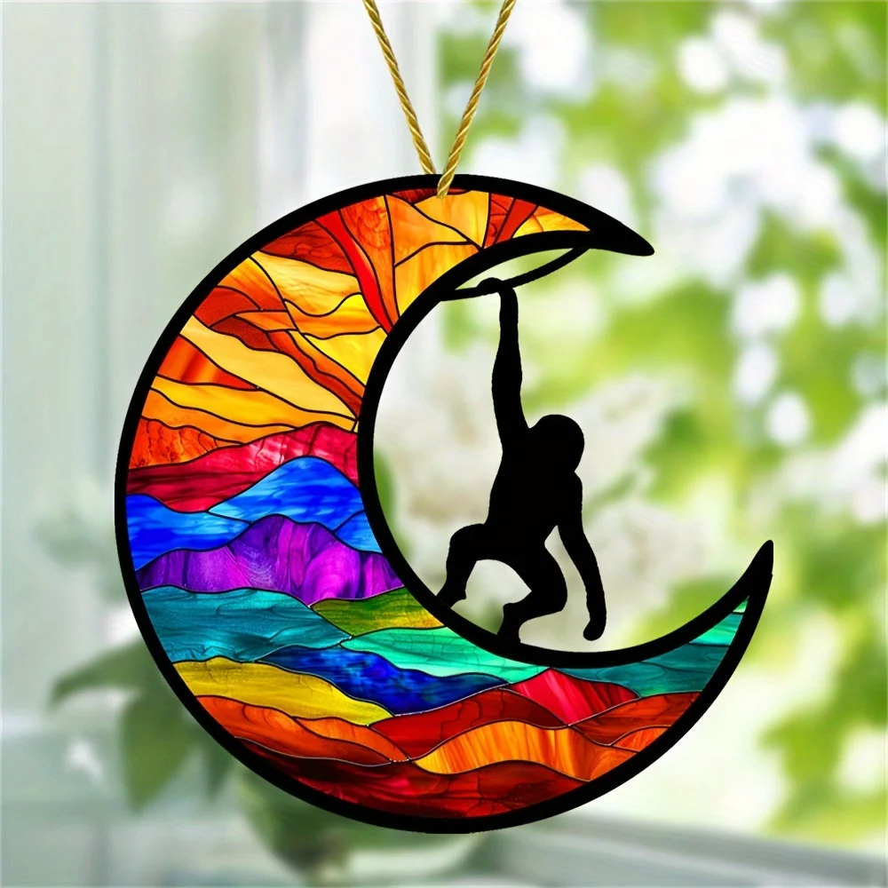 Monkey Catcher Acrylic Window Hanging - Home, Porch and Wall Decor, Stained Glass Style - Perfect Gift for Monkey Lovers