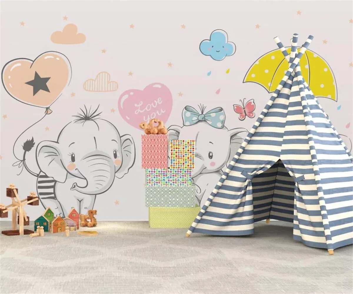 Custom wallpaper cute cartoon pink elephant star moon hot air balloon children background wall decoration 3d wallpaper Painting