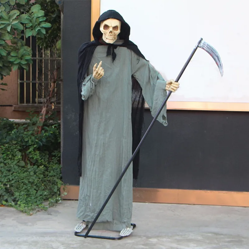 

[Funny] Large size Halloween Terror standing posture Sickle death LED Light and sound Figurine toys Decor House Party Props