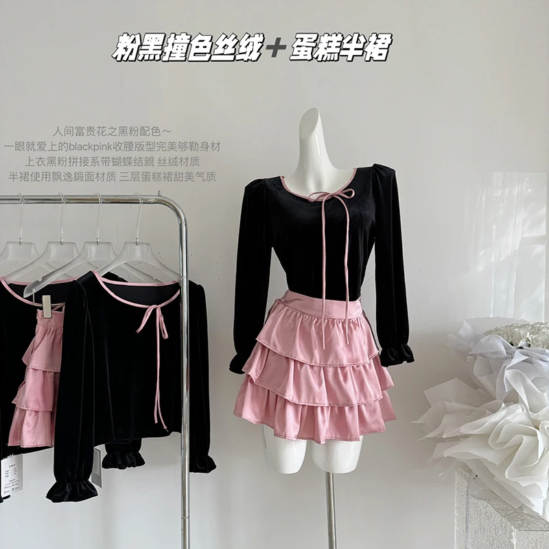 

Sweet Temperament Suit Slim Fit Tops Women+ Y2k E-Girl High Waist Ruched Cake Skirts 2024 New Two Piece Sets