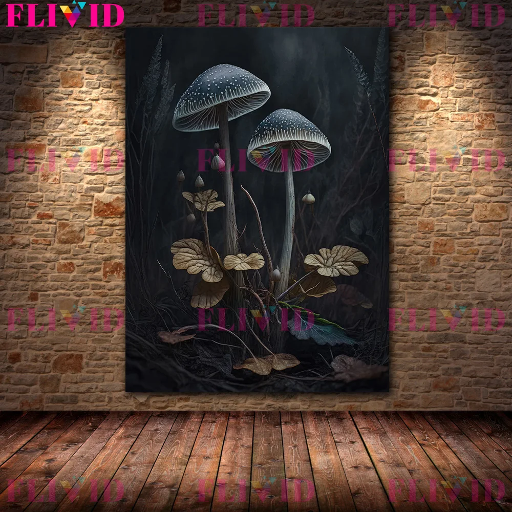 Dark Botanical Floral Wall Art Canvas Painting,Dark Mushroom Minimal  Moody Plant Art Poster And Print Home Decoration Unframed