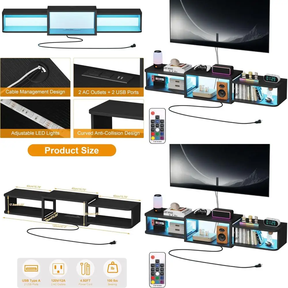 

Modern Wooden Wall-Mounted TV Stand with LED Lighting, Built-in USB Ports and Outlets, Storage for Living Spaces