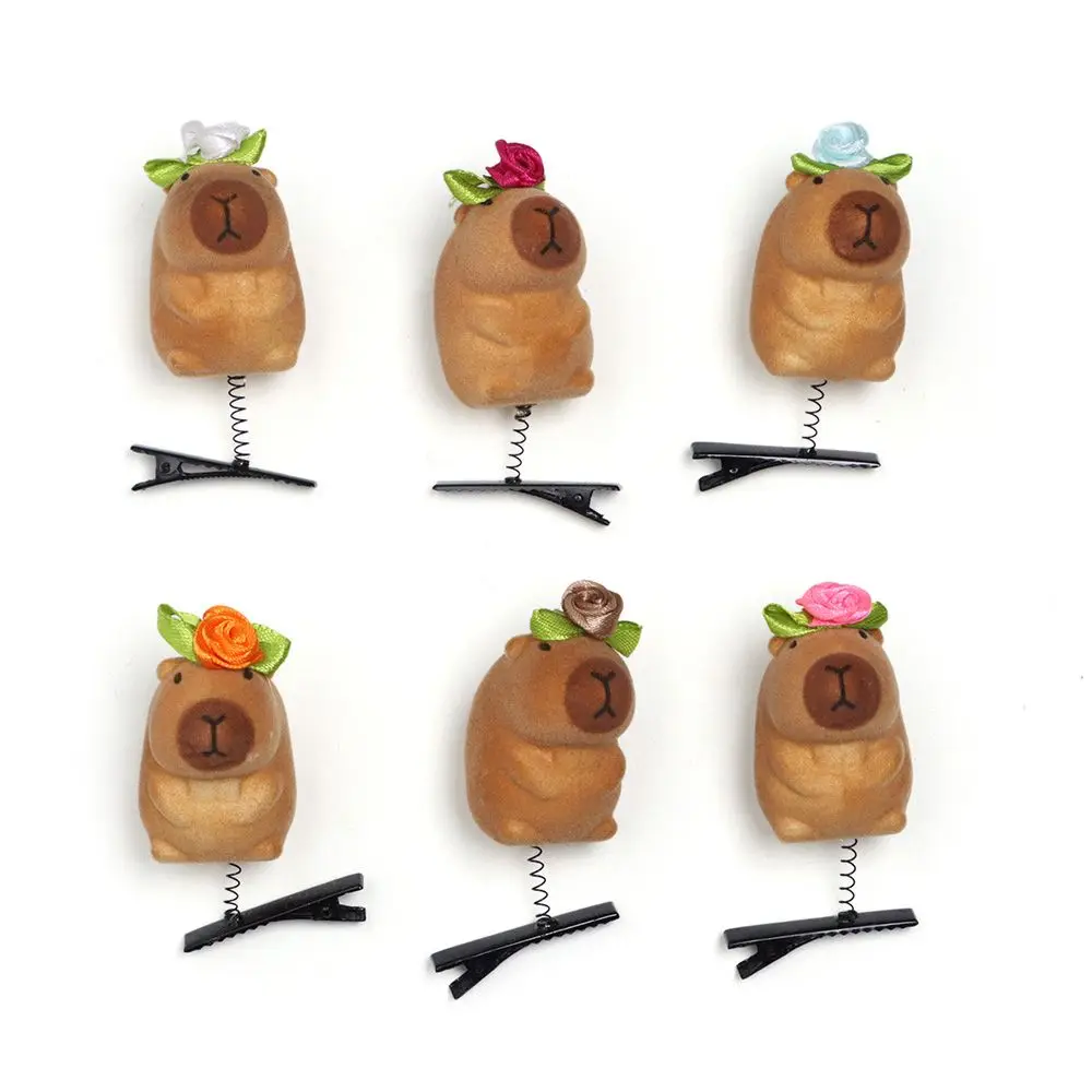 6Pcs Kawaii Capybara Spring Hair Clip Children Headwear Duckbill Clip Cartoon Capybara Hair Accessories Plush Hairpin Photo Prop