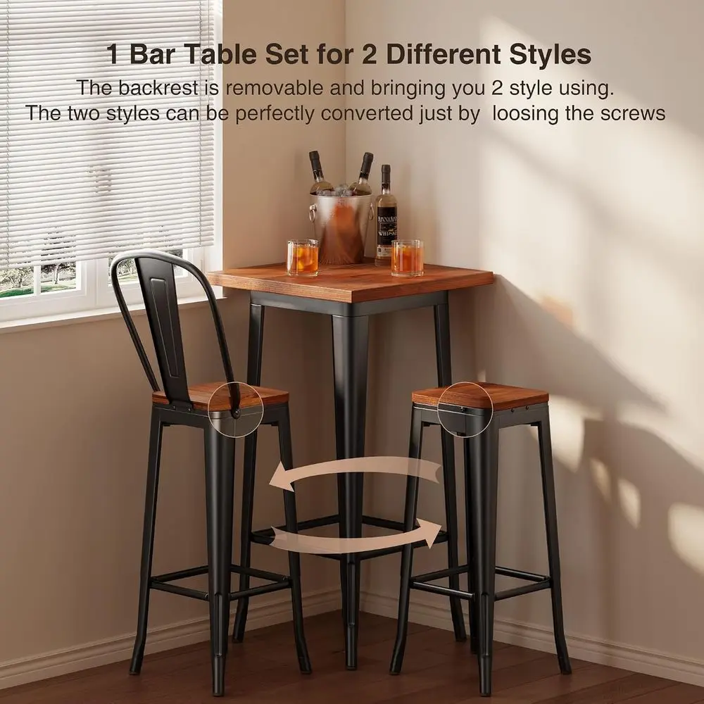 Bar Table and Chairs Set, Pub Table and Chairs Set o 2, with Elm Solid Wood and Thickened Metal e, or Bar, Small Space, Bistro C view 5
