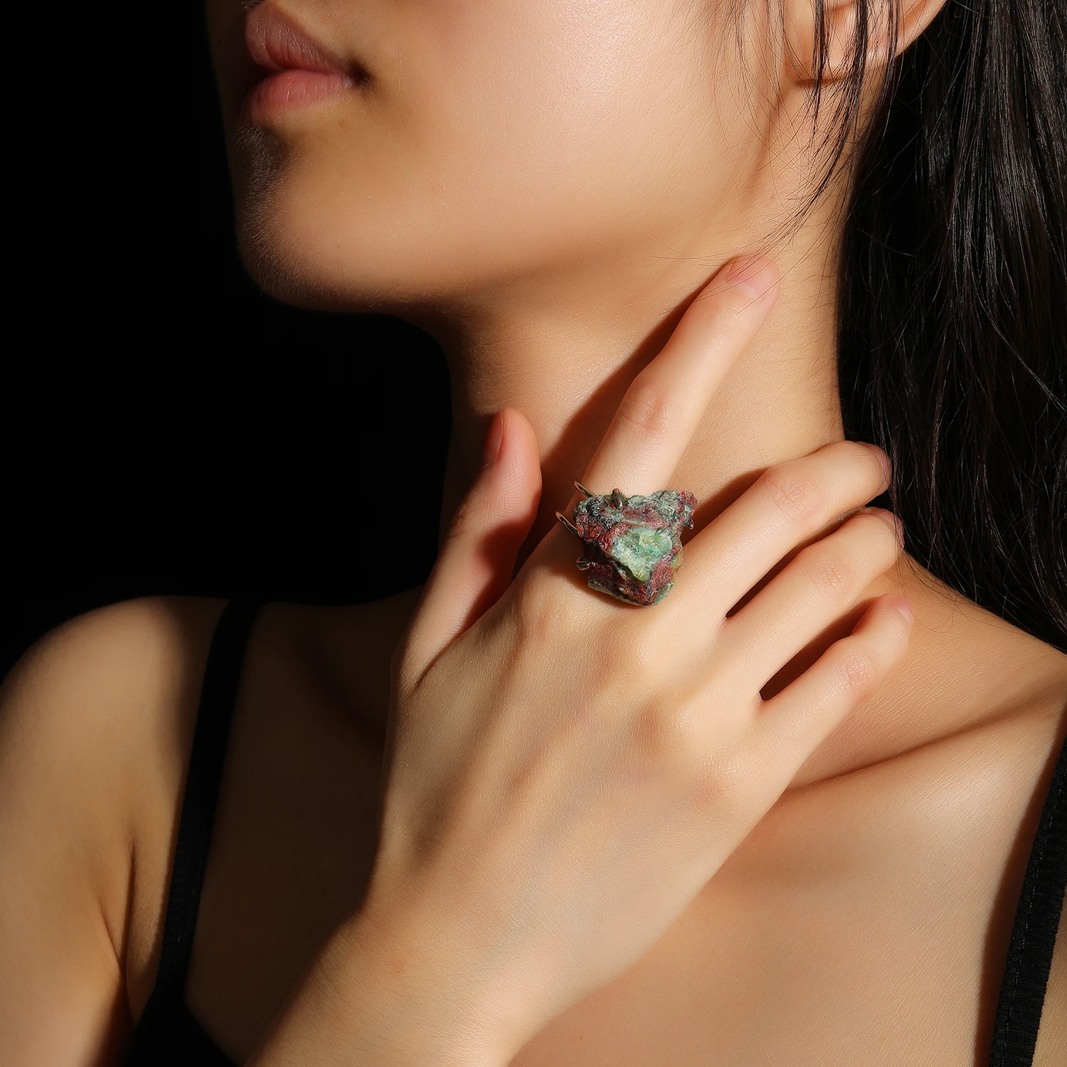 Natürlicher Azurit-Malachit-Geode-Fingerring, verstellbar, vergoldet, versilbert, Ring im Bohemian-Stil, Unisex-Accessoire – Detail 6