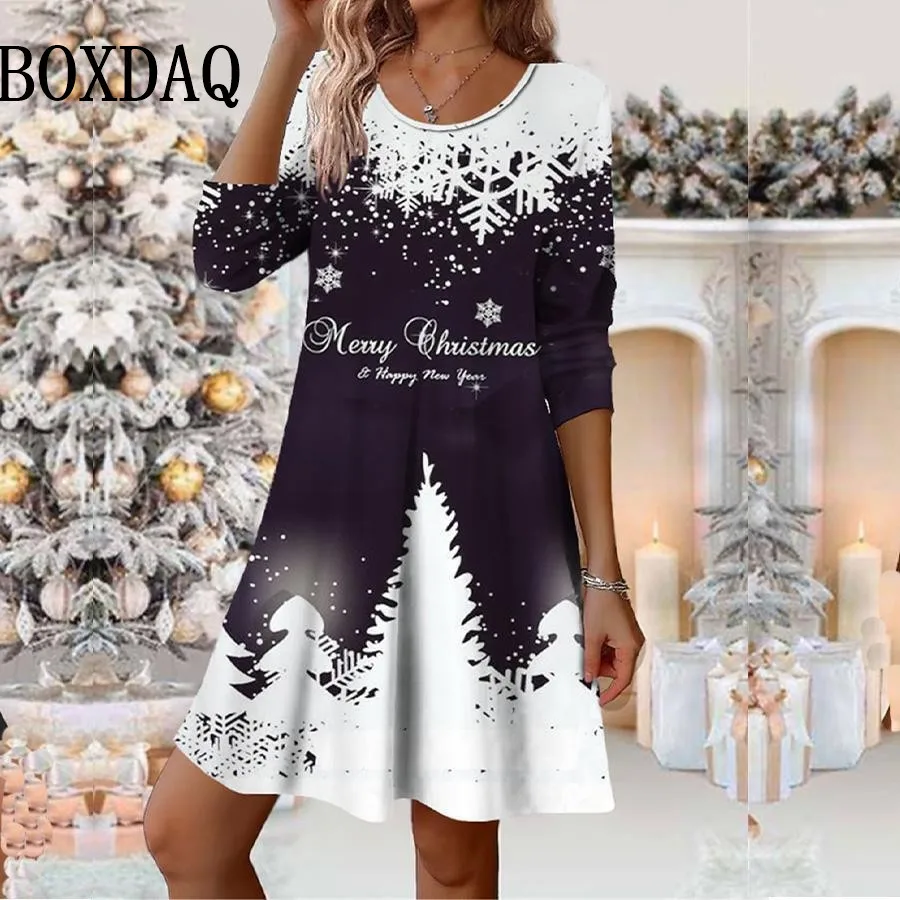 Gaun Wanita Pesta Natal Tahun Baru, Gaun Longgar Wanita Elegan Bergaya Jalanan Lengan Panjang Motif Natal untuk Musim Gugur dan Musim Dingin