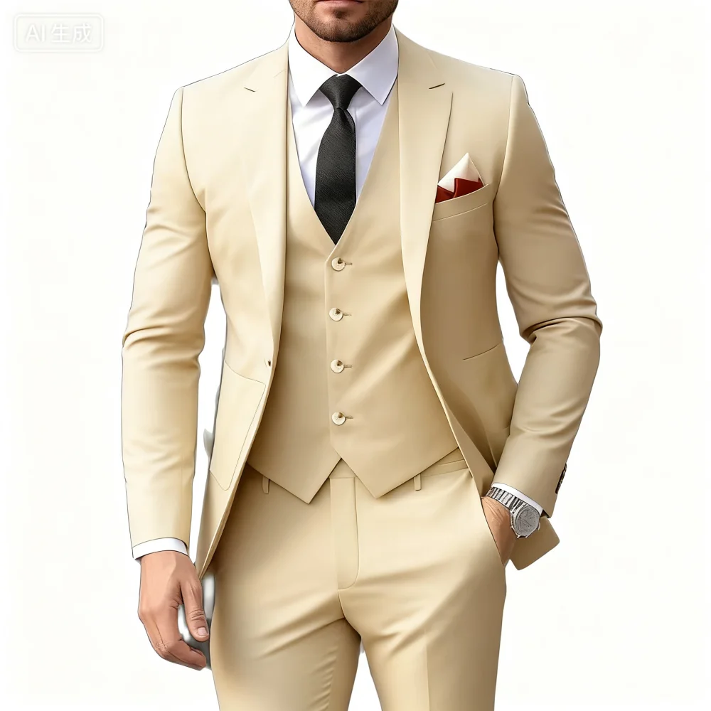 Men Suit Beige Pink Tuxedo Notched Lapel 3 Piece Male Wedding Suit Custom-Made Single Breasted Slim Fit Men's Clothing
