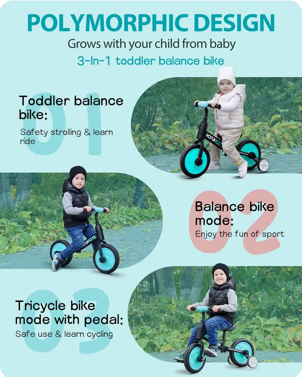 3 in 1 Toddler Balance Bike Training Bicycle for Kids 18 Months-5 Years Riding Tricycles Bike with Training Wheels and Pedal for