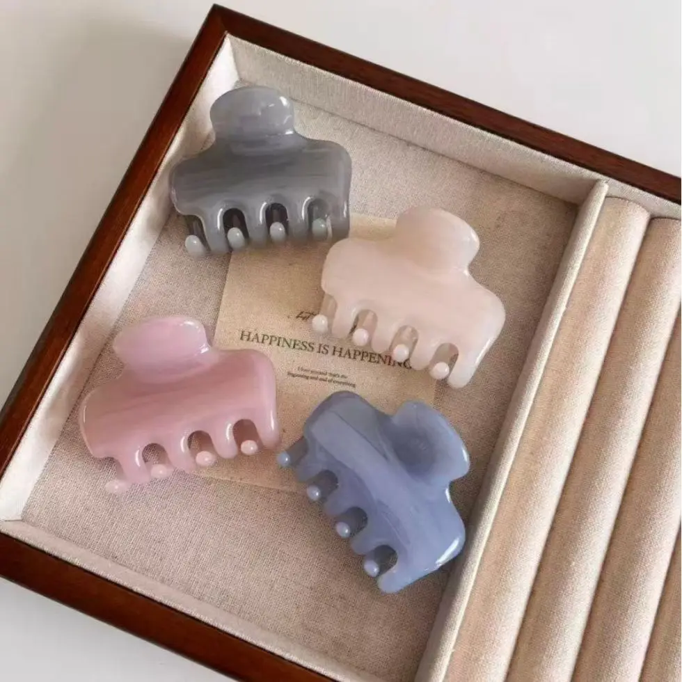 Korean Marbled Plastic Hair Claw Clips Mini Strong Hold Jaw Clamp Pastel Multi‑Color For Ladies Fine Hair Daily Hair Decor