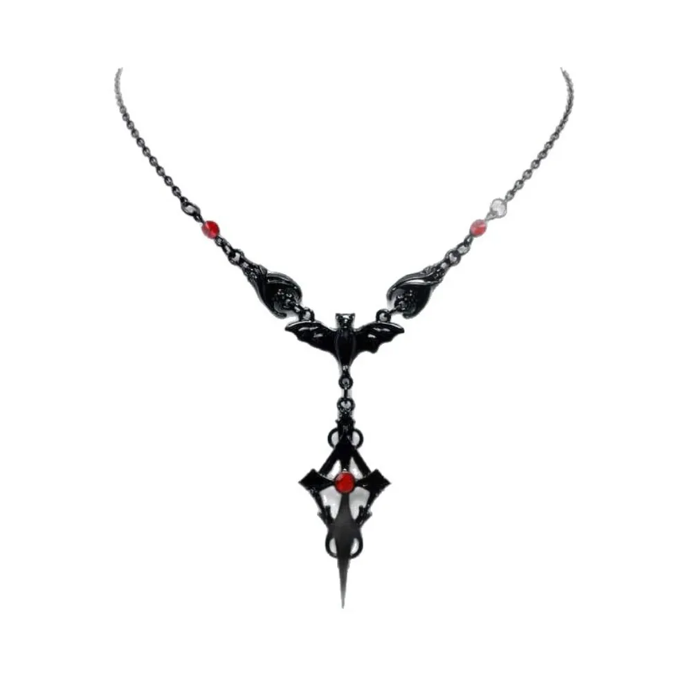 Personality Gothic Three Black Vampire Bats Inlay Red Glass Crystal Cross Pendant Necklace for Women Halloween Jewelry Accessory