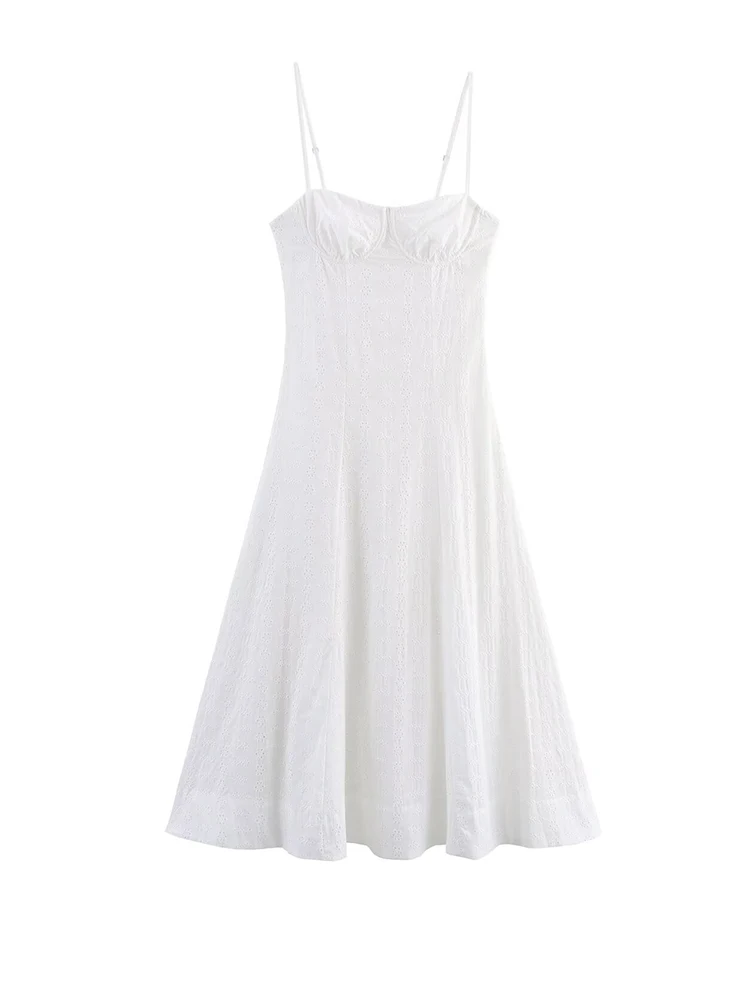 Abito estivo con ricamo a canotta scavato bianco Abiti da donna midi a trapezio senza schienale