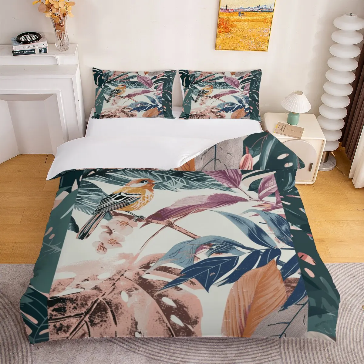 

Tropical birds Down comforter set large size brown birds 1 duvet cover and 2 pillowcases