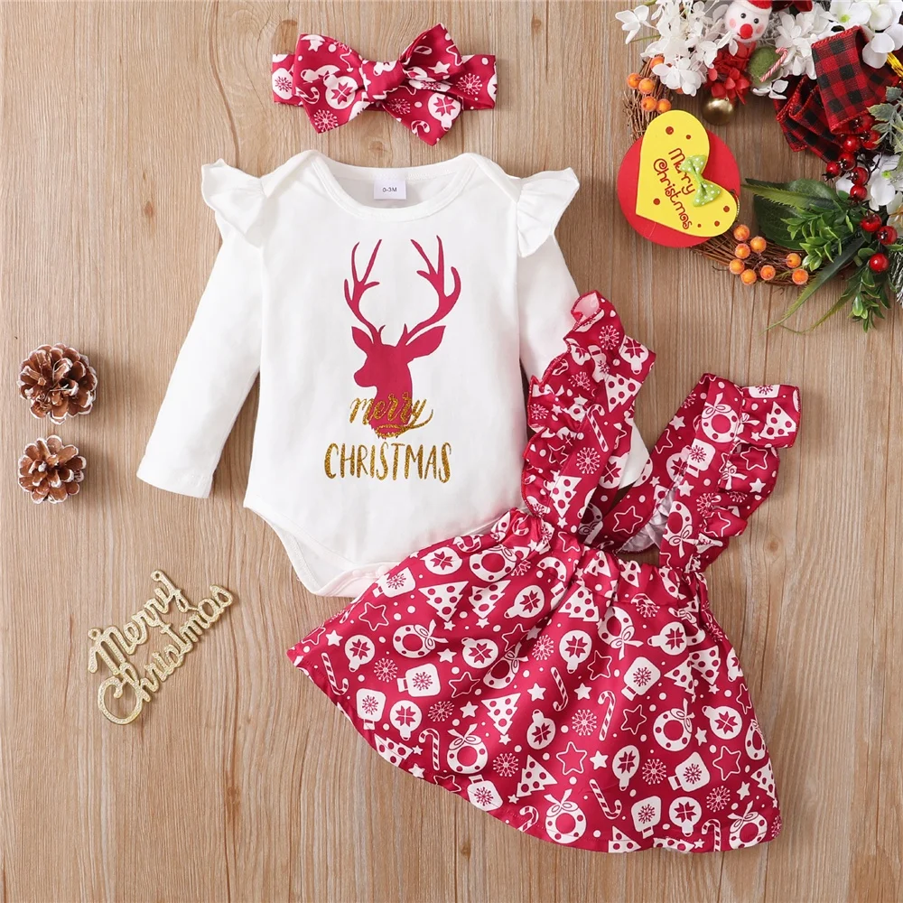 0-18Months Newborn Baby Girl Christmas Costume Set Romper+Suspender Skirt+Headwear 3PCS Skirt Set for Toddler Girl New Year Wear