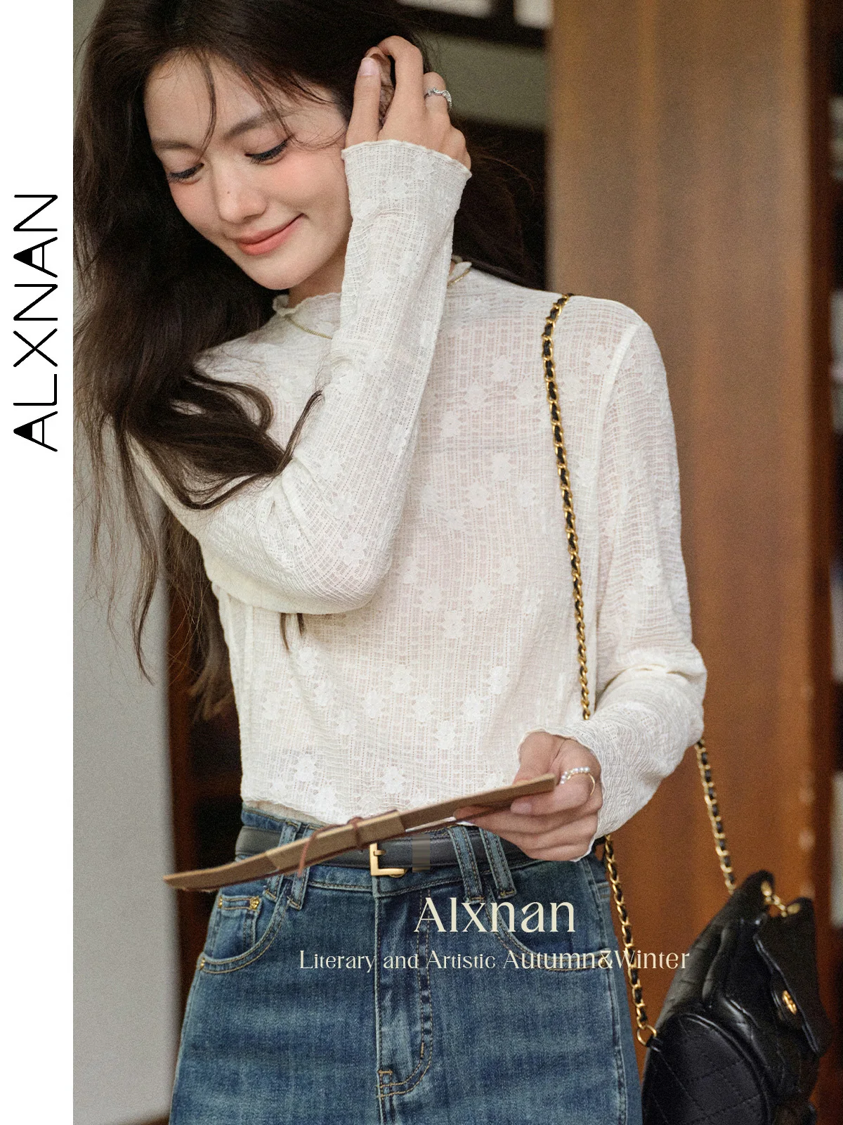

ALXNAN Women's T-shirt White Mesh Elegant Long Sleeve Tees 2025 Autumn Slim-fit Office Lady Tops Korean Popular Clothes L56996