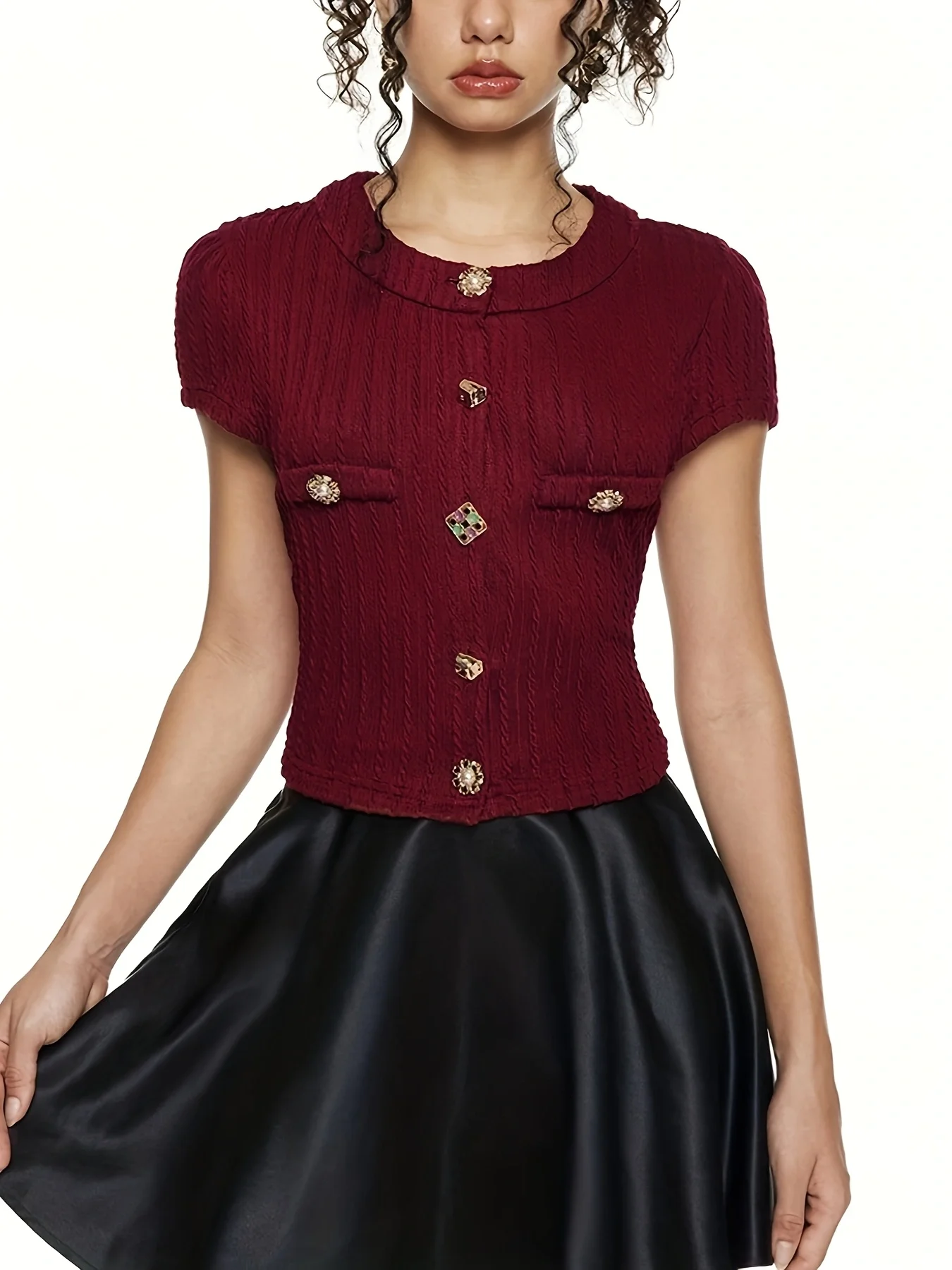 

Retro wine-red knitted cardigan short-sleeved round neck elegant button design ladies' short top