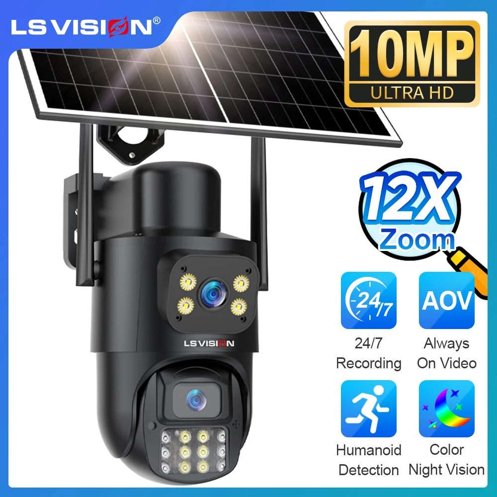 LS VISION 24/7 Recording 12X Optical Zoom 4G AOV Solar Camera Outdoor 10MP Dual Screen Human Auto Zoom Tracking Security Cameras