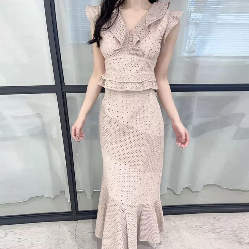 

New 2024 Summer Lace Trim irt High Waist Fi Tail Skirt f Body Two Piece Set Women's Faion Ensemble Tagkita Brand
