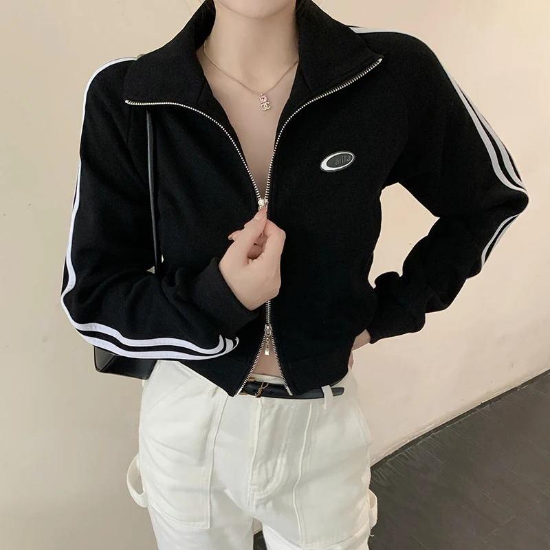 

American style spicy girl short jazz dance hoodie for women's spring and autumn small stature with double zipper black coat top