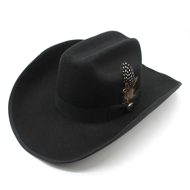 Retro Feather Tibetan Style Imitation Cashmere Women Men Large Wide Brim Yellowstone Cowboy Western Hat Cowgirl Cap (56-59cm)