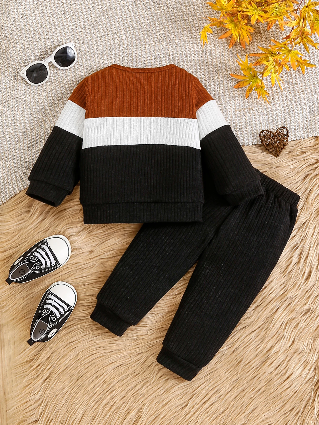 Retro Brown White Black Color Block Knit Top Kids Boys Matching Solid Rib Jogger Pants Casual All Season Home Outfit Set 6M-3Y