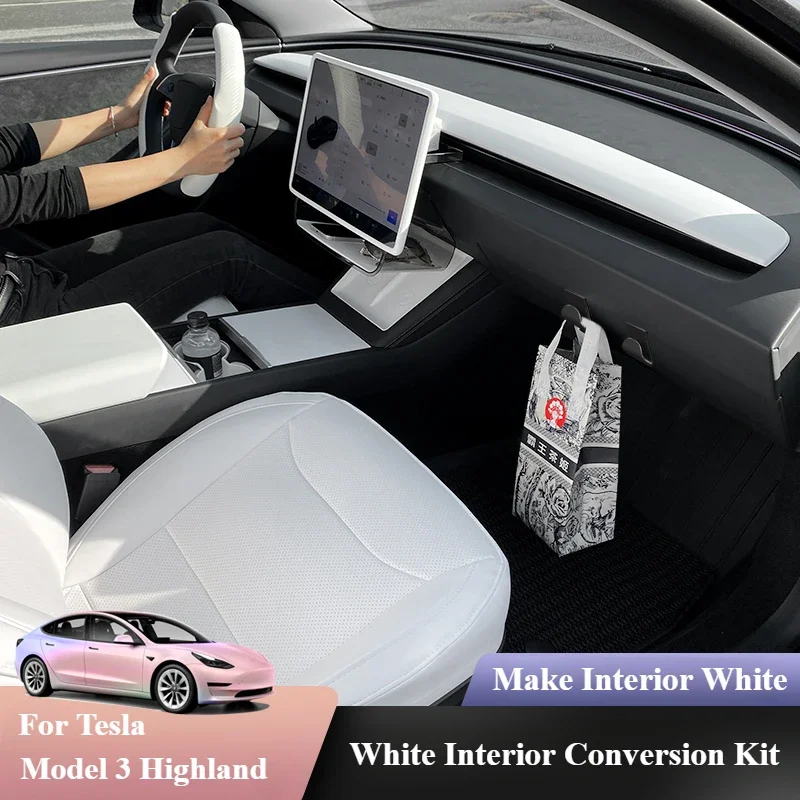 White Interior for Tesla Model 3 Highland Center Console Steering Wheel Cover Sticker Storage Anti-kick Pad Matte White Model 3+