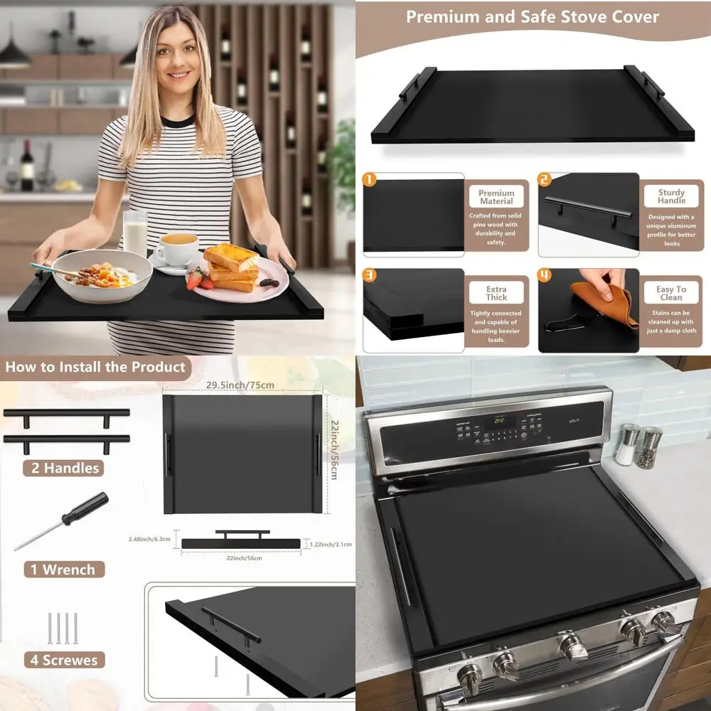 

Thick Pine Wood Stove Top Cover with Handles - Electric Stove & Sink Counter Space Protector