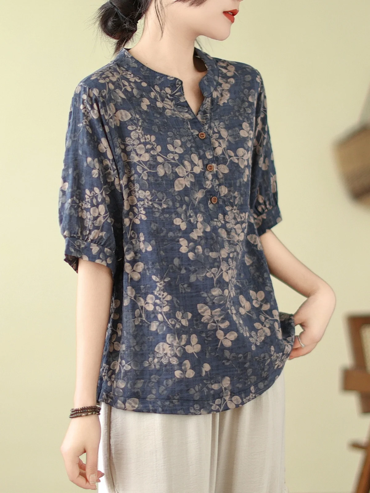 

Ele Cotton Linen irt Women's Summer ort Sve Pret Sli Top Trendy Loose Fit Printed f Open Collar