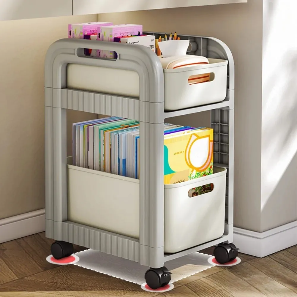 Utility Movable Shelf Multi Functional Mobile Book Cart Floor Mounted Book Organizer with Wheels Under-Table TrolleyStorage Rack