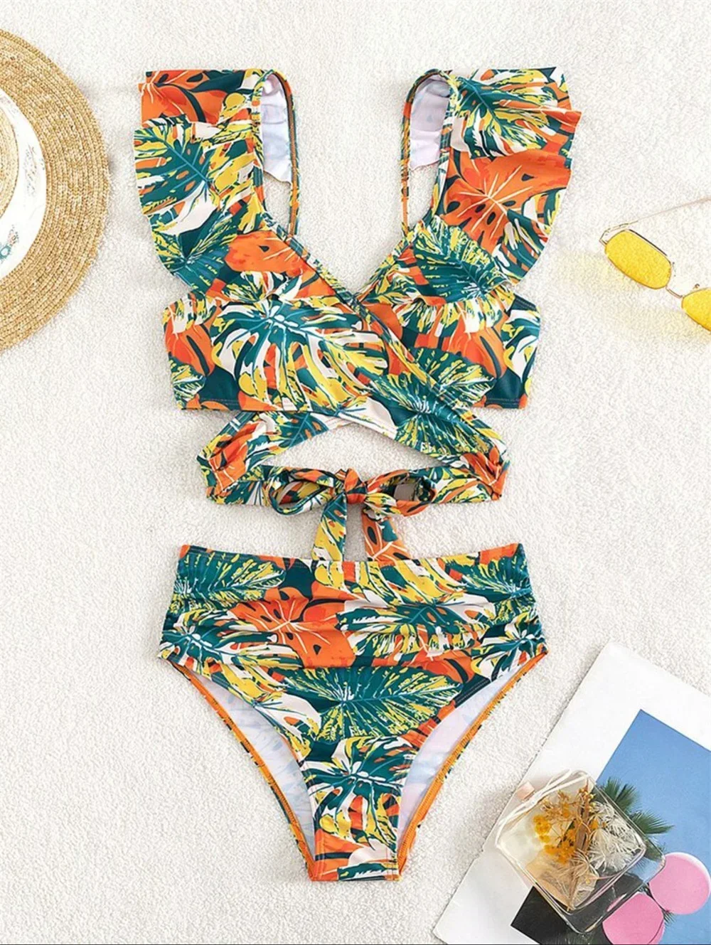 Carino volant bikini a vita alta costumi da bagno fasciatura incrociata push up tankini Y2K multi stampa costume da bagno donna spiaggia costume da bagno biquinis