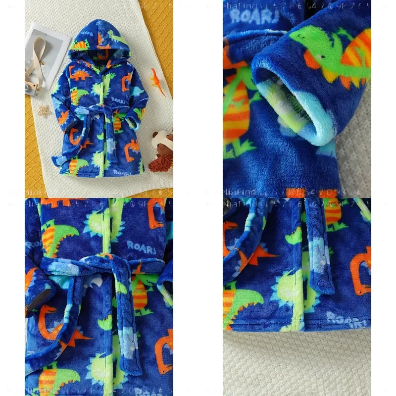 Boy Dinosaur Stuffed Flannel Bathrobe with Hood and Belt Flame Retardant Fabric Cartoon Home Outfit Passed Safety Test