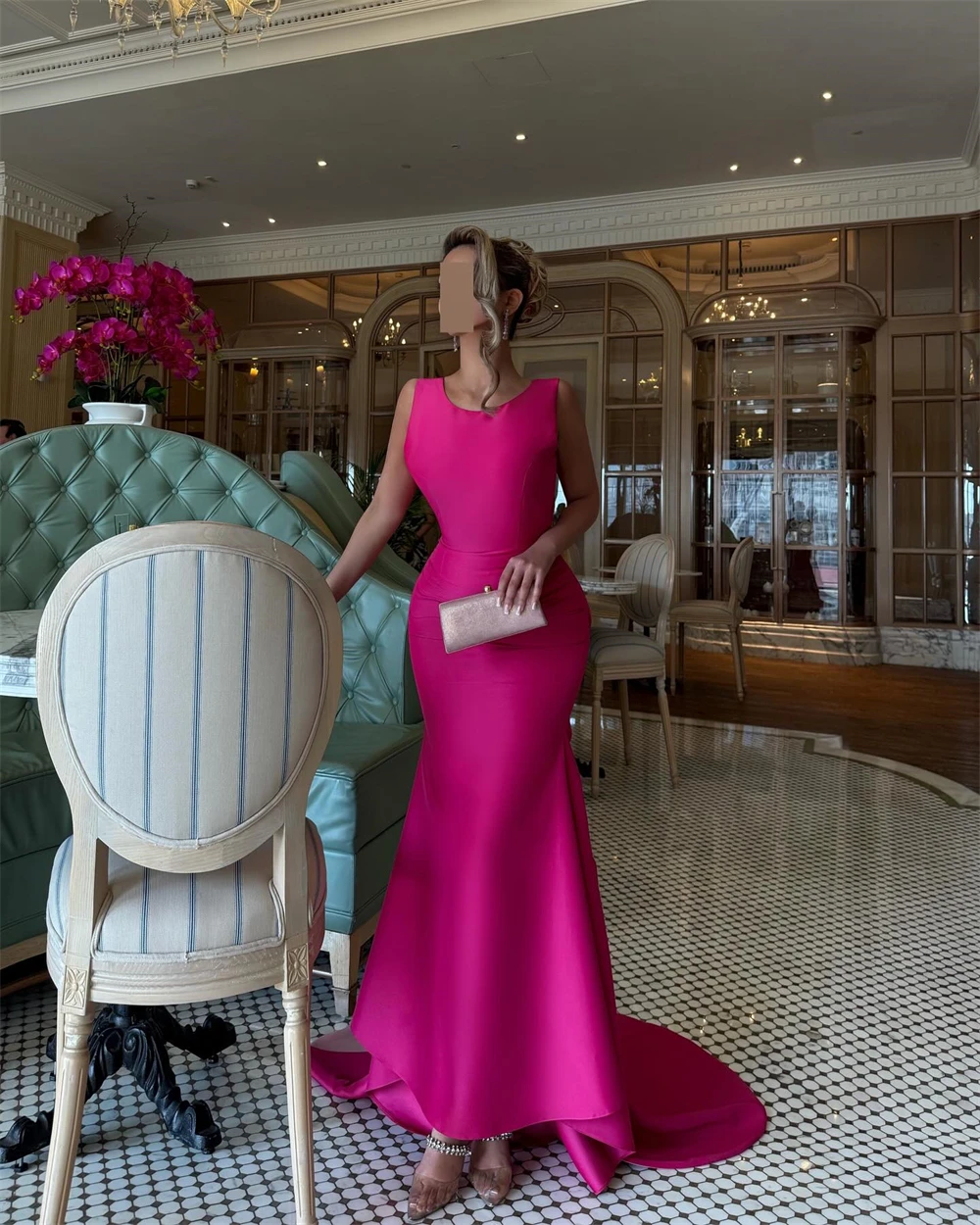 Jersey clásico personalizado con cuello redondo y hombros descubiertos, sin mangas, sirena hasta el tobillo, tren con paneles, vestidos para ocasiones especiales fruncidos