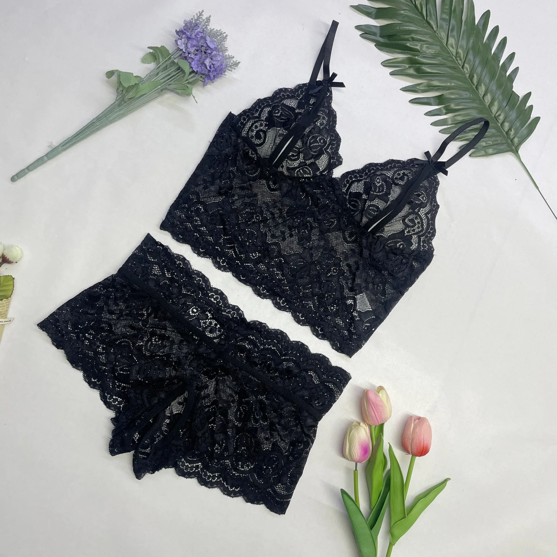 Women's 2 Piece Sexy Lace Pajama Set See-Through Bralette Cami Top and Shorts Breathable Sleepwear Plus Size Summer Lingerie