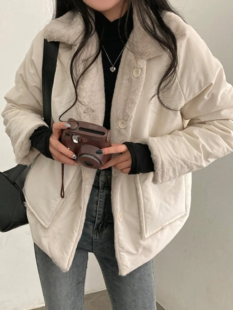 

Women's Fluffy Bread Sle Jaet Thiened Soft Cotton Coat Double Sided Wear Vintage Winter Warm Outerwear Long Sve