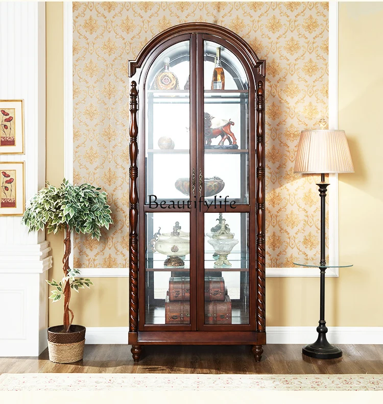 American all-solid wood wine cabinet simple retro home living room partition wall arched glass