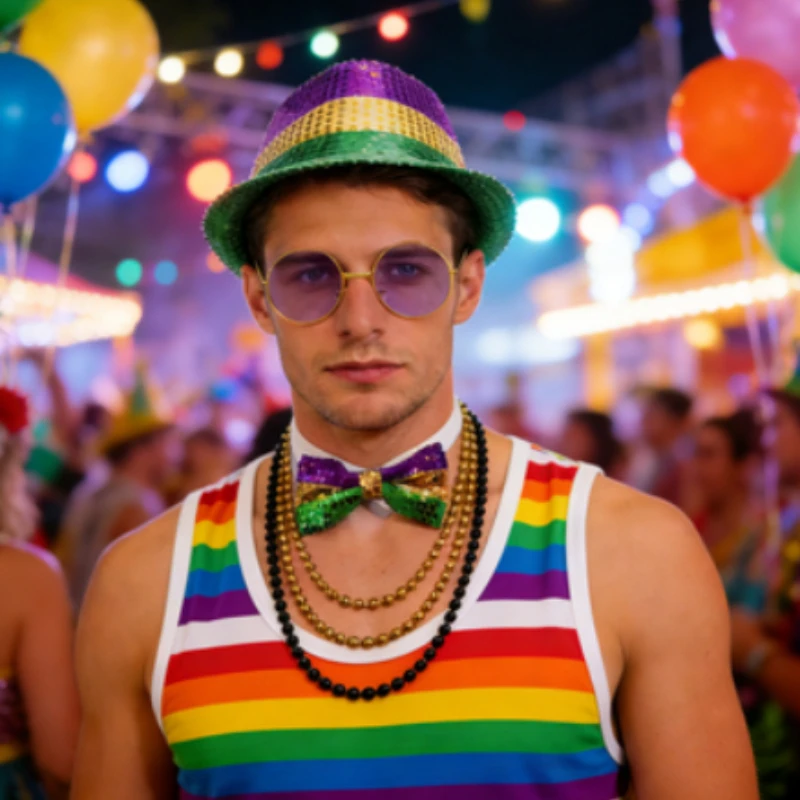 อุปกรณ์เสริมชุดเทศกาลมาร์ดิกราส์: หมวกปักเลื่อม, เนคไทโบว์, สร้อยคอลูกปัด, แว่นกันแดด ชุดสีสันสดใสสำหรับการแต่งกายในงานคาร์นิวัล