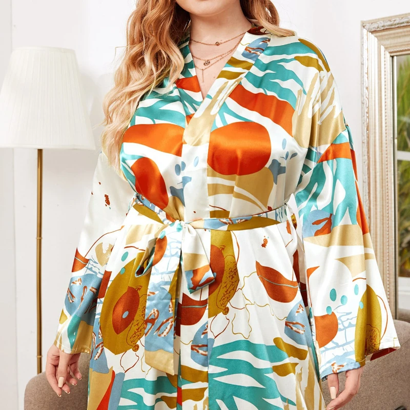 Krismile Plus Size Robes Women 2025 Spring Autumn New Print Home Clothes V Neck Soft Breathable Sleepwear Bathrobe with Belt
