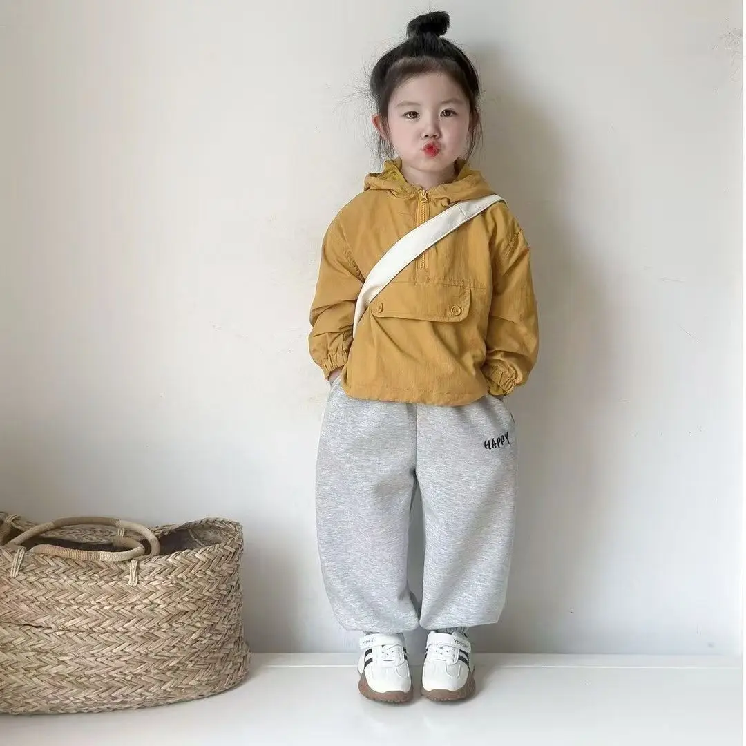 2026 New Girls Autumn Hooded Jacket Coat Kids Korean Style Tops Clothing Set