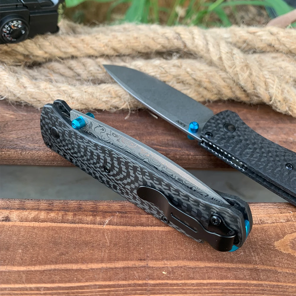 BM 535-3 Carbon Fiber Handle Bugout Folding Knife Damascus Steel Blade Outdoor Camping Pocket Knife Tactical Self Defense Tools