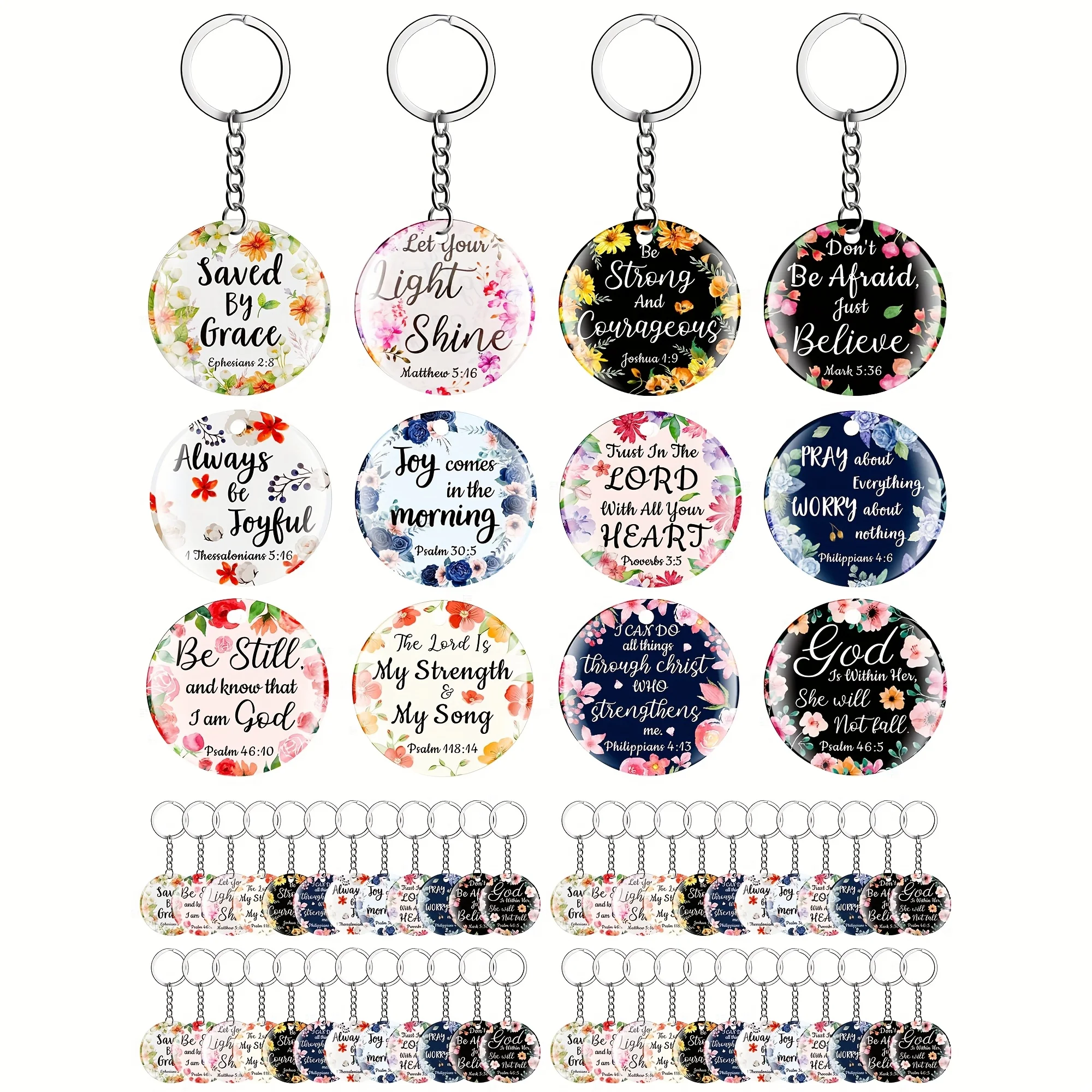 [2D Flat] [2D Flat] Set of 60 Acrylic Keychains Featuring Floral Designs And Bible Verses, Perfect As Religious Gifts for Both Men And Women