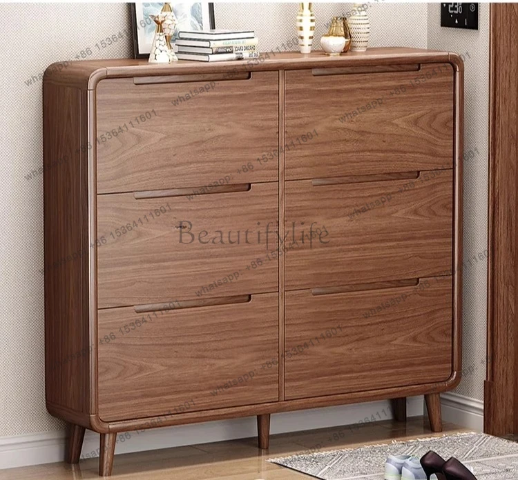 medieval style shoe cabinet solid wood frame large capacity household ultra-thin wall integrated door storage cabinet