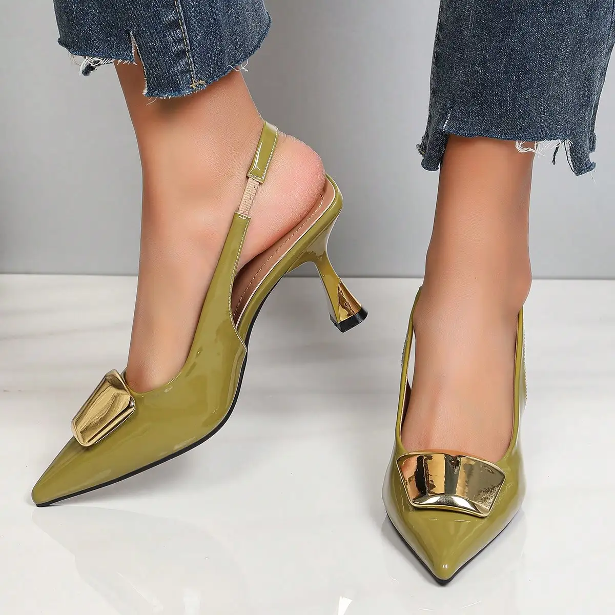 Elegant Women Closed Pointed-Toe Slingback Heels, Patent Leather Pumps with Stylish Square Buckle, Comfortable Versatile Formal Dress Shoes, Great for Office Business, Wedding Events, Dinner Party, Casual Wear and Summer Vacation view 3