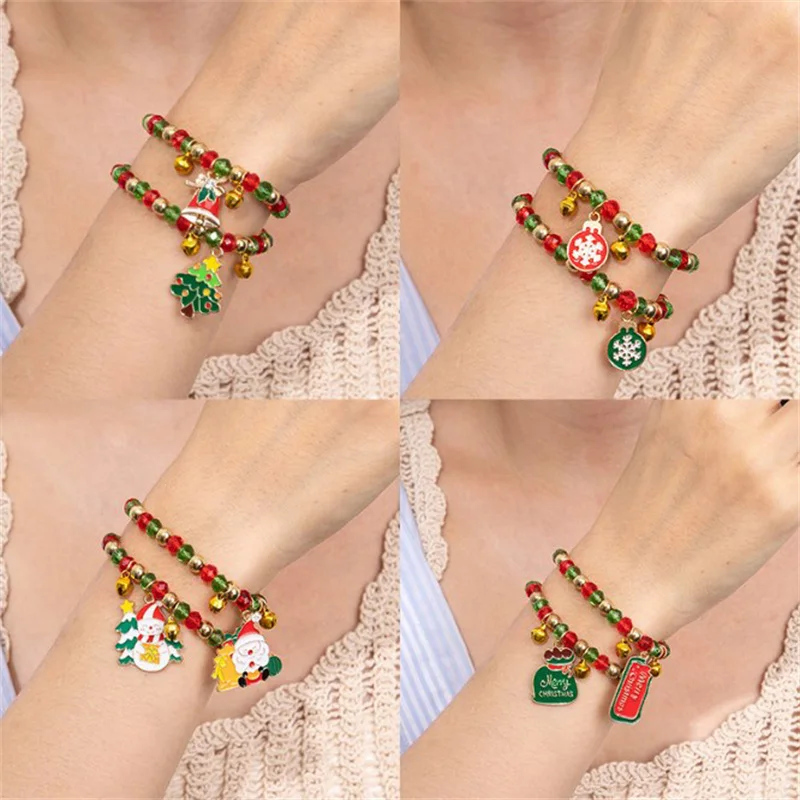 2Pcs Christmas Bracelet Set For Women Colorful Beaded Santa Claus Xmas Tree Snowflake Snowman Pendant Bracelets Festival Gifts