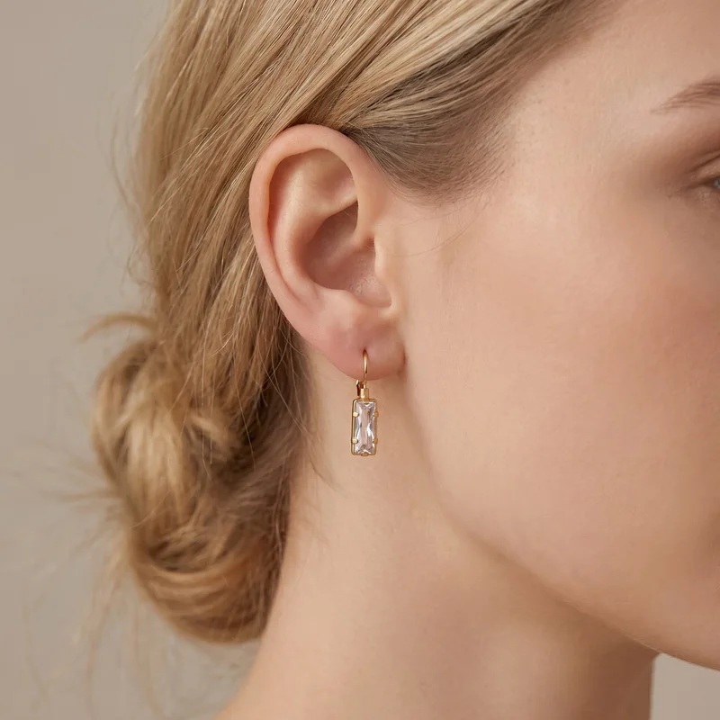 Gold Color Rectangle Zircon Dangle Hoop Earrings Clasp Hook Drop Earrings Elegant Women Wedding Party Fashion Jewelry Gift