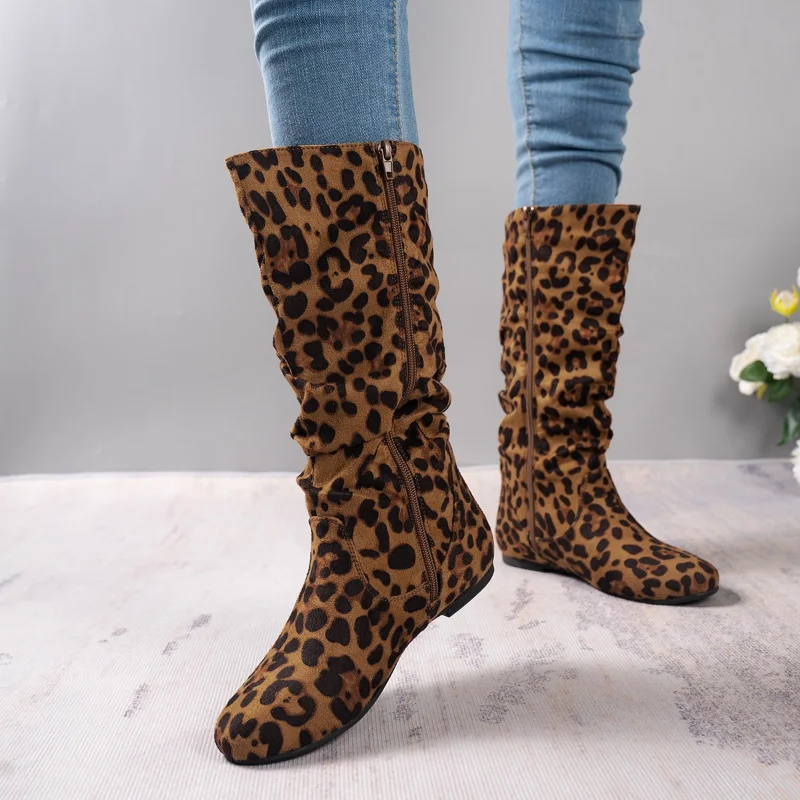 Mid-calf Women\'s Boots Winter New Platform Flat Shoes for Women Fashion Side Zipper Female Vintage Casual Ladies Riding Boot