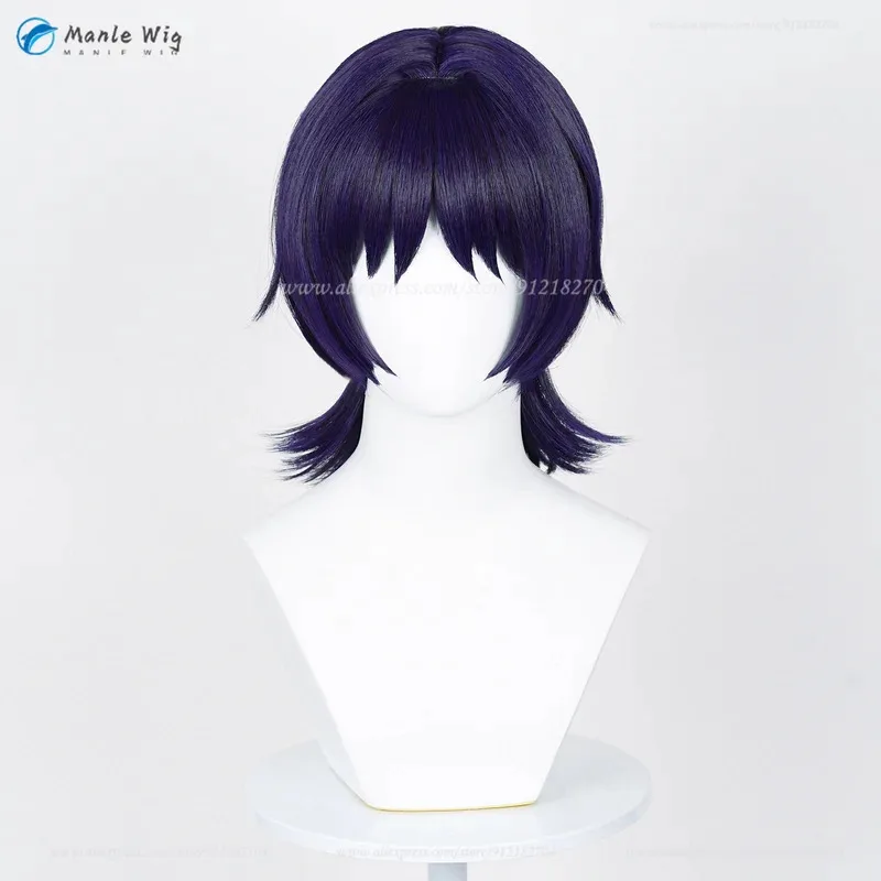 게임 Scaramouche Wanderer Balladeer 코스프레 진한 파란색 보라색 짧은 애니메이션 내열성 합성 머리 + 가발 모자 f.;78;hbo