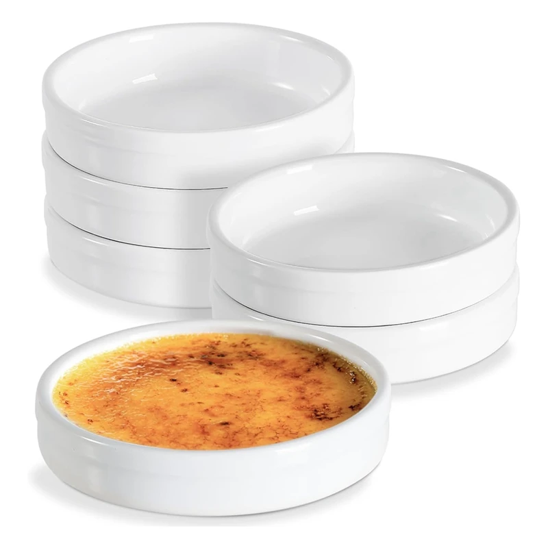 

A69E-Ramekins, 4 унции, Creme Brulee Ramekins, безопасные неглубокие суфленые блюда для духовки, формы для выпечки по краям, 6 упаковок